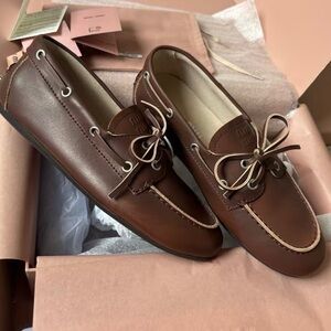Miu Miu Chocolate Brown Leather Boat Loafers with Bow Detail